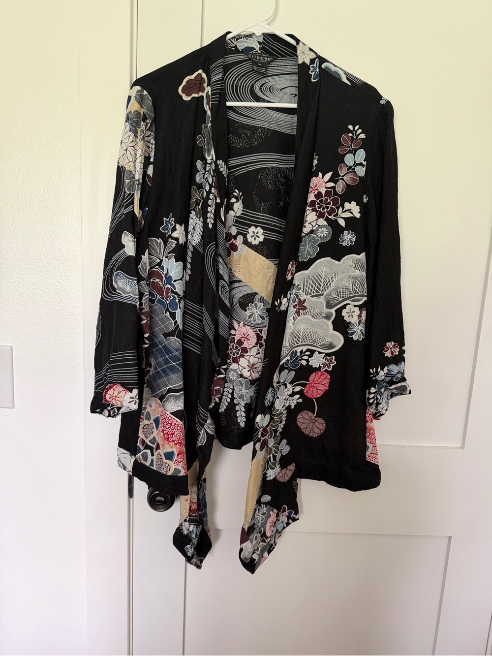 Citron Santa Monica Black Floral Open-Front Women's silk kimono